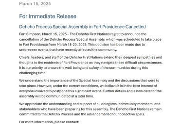 Cancelled: Dehcho Process Special Assembly March 2025